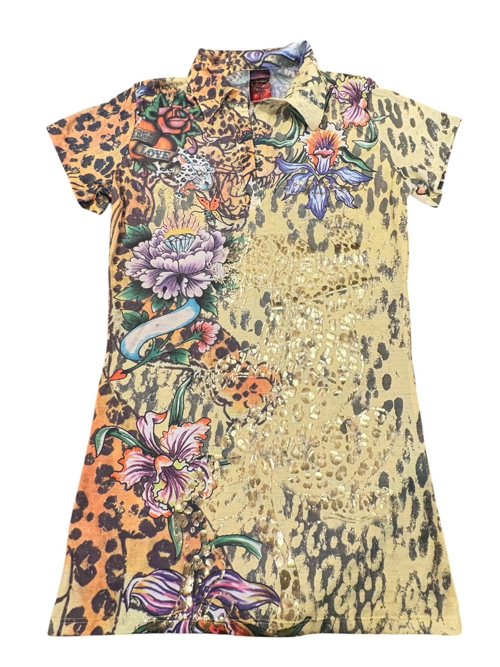 Ed Hardy by Christian Audigier Yellow Floral Polo Shirt L juniors